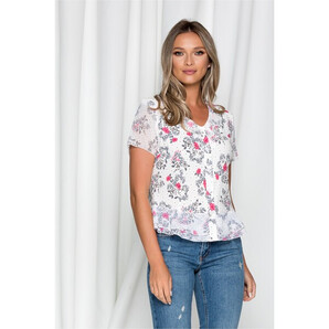 Camasa Nemesis alba cu imprimeu floral roz si volanas la decolteu