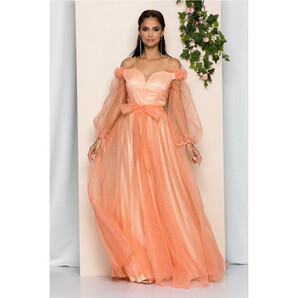 Rochia Lucinda peach din tulle cu decolteu en-coeur si cordon in talie