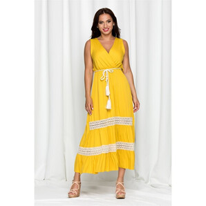 Rochie Alisa galbena cu snur in talie si broderie pe fusta