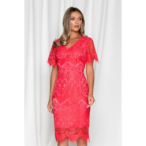 Rochie Areta corai din dantela cu decolteu in v si maneci scurte
