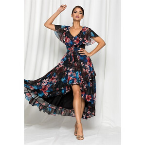 Rochie asimetrica MBG bleumarin cu imprimeu floral rosu