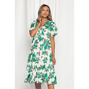 Rochie Byanca alba cu imprimeu floral verde lejera cu elastic la maneci