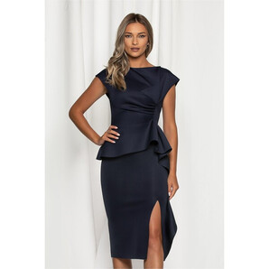 Rochie Clara bleumarin din neopren cu peplum si volanas