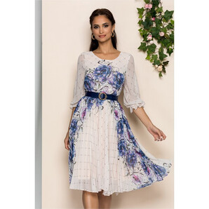 Rochie Diana bej cu pliuri pe fusta si imprimeu floral albastru