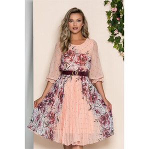 Rochie Diana peach cu pliuri pe fusta si imprimeu floral bordo