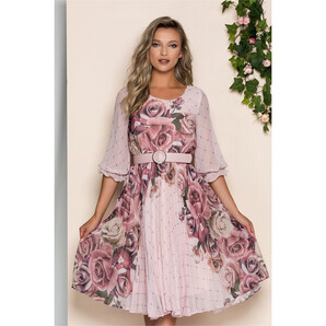 Rochie Diana roz cu pliuri pe fusta si imprimeu floral rose