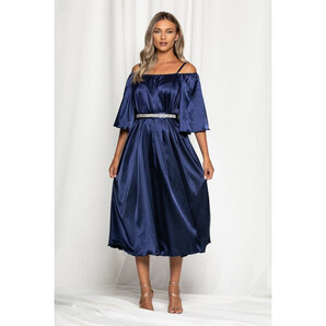 Rochie Ella Collection Amedeea midi bleumarin sidefata cu maneci cazute si strasuri