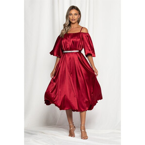 Rochie Ella Collection Amedeea midi bordo sidefata cu maneci cazute si strasuri