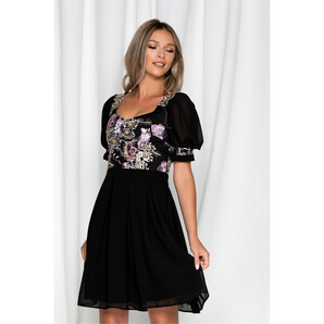 Rochie Ella Collection Selin neagra cu broderie florala mov la bust