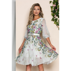 Rochie Georgina alba cu imprimeu floral mov