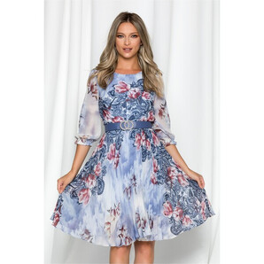 Rochie Georgina bleu cu imprimeu floral rose si pliuri pe fusta