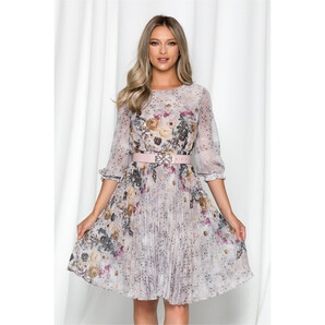 Rochie Georgina gri cu imprimeu floral maro si picatele
