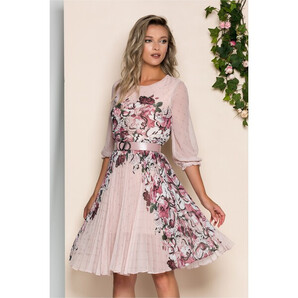 Rochie Georgina peach cu imprimeu floral mov si pliuri pe fusta