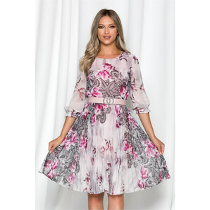 Rochie Georgina roz cu imprimeu floral fuchsia si pliuri pe fusta