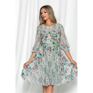 Rochie Georgina verde mint cu imprimeu floral maro si pliuri pe fusta