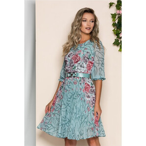 Rochie Georgina verde mint cu imprimeu floral visiniu