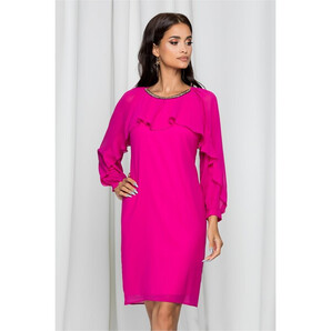 Rochie Ginette fuchsia cu decolteu rotund accesorizat cu perlute