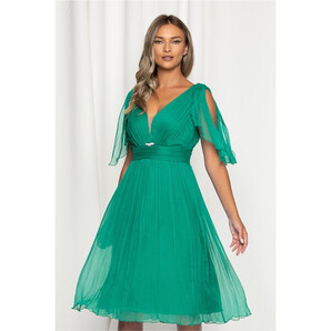 Rochie Ginette verde din matase cu accesoriu tip bijuterie in talie