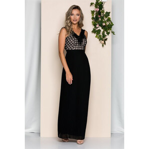 Rochie Henrietta neagra cu bust bej accesorizata cu broderie si dantela