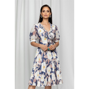 Rochie Isadora bleumarin cu guler tip esarfa si imprimeu floral