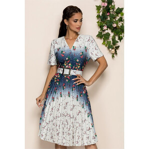 Rochie Iustina ivoire cu bleumarin si imprimeu floral colorat