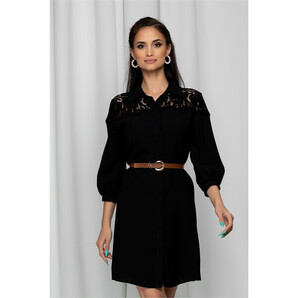 Rochie Iustina neagra tip camasa accesorizata cu dantela