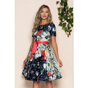 Rochie Jaqueline bleumarin cu imprimeu floral rosu si cordon in talie