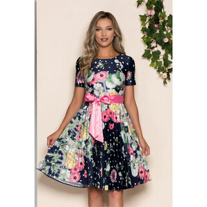 Rochie Jaqueline bleumarin cu imprimeu floral roz si cordon in talie