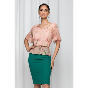 Rochie Jovana verde cu peplum in talie si imprimeu floral