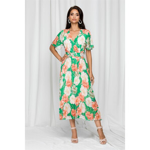 Rochie Kamelia verde cu pliuri pe fusta si imprimeu floral roze