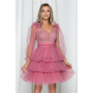 Rochie Katarina roz din tulle cu decolteu adanc si bust buretat