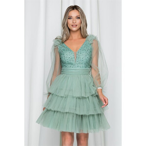 Rochie Katarina verde mint din tulle cu decolteu adanc si bust buretat