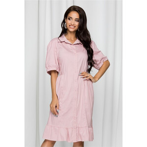 Rochie Klementina tip camasa roz cu maneci scurte si volanas la baza
