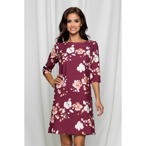 Rochie LaDonna by DyFashion bordo cu imprimeu floral si maneci trei sferturi