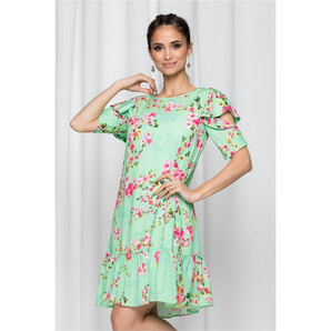 Rochie LaDonna verde cu maneci scurte decupate si imprimeu floral