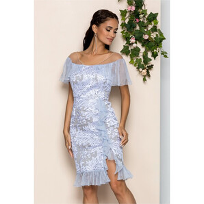 Rochie Leonard Collection gri din matase cu pliuri la bust si broderie