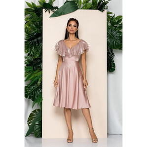 Rochie Leonard Collection roz cu volanase la bust si cordon in talie