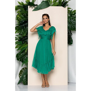 Rochie Leonard Collection verde cu volanas la bust si decolteu in v