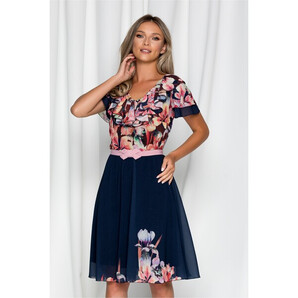 Rochie Lia bleumarin cu imprimeu floral roz si fundita in talie