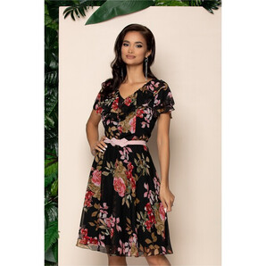 Rochie Lia neagra cu imprimeu floral si fundita in talie