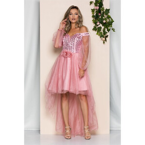 Rochie Lora roz din tulle cu decolteu en-coeur si paiete