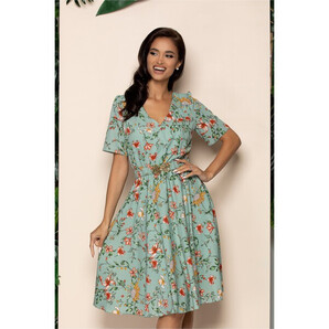 Rochie Loredana verde mint cu imprimeu floral si elastic in talie