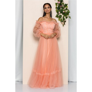 Rochie Lucia peach din tulle cu volanase la bust