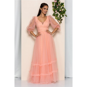 Rochie Luciana peach din tulle cu maneci lungi transparente