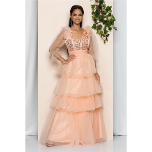 Rochie Lucretia peach din tulle cu volanase pe fusta si la umeri