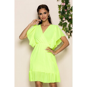 Rochie Lydia galben neon cu decolteu petrecut in v si volanas la baza si la maneci