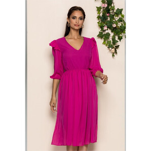 Rochie Mabel fuchsia cu elastic in talie si volanas la umeri