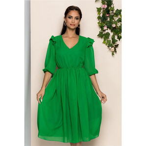 Rochie Mabel verde cu elastic in talie si volanas la umeri