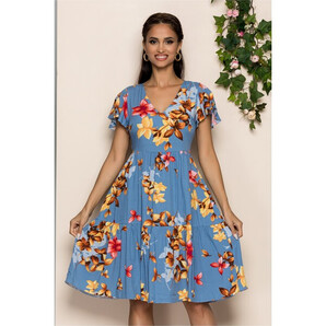 Rochie Malvina bleu cu decolteu in v si imprimeu floral