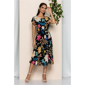 Rochie Manuela neagra cu imprimeu floral si pliuri pe fusta